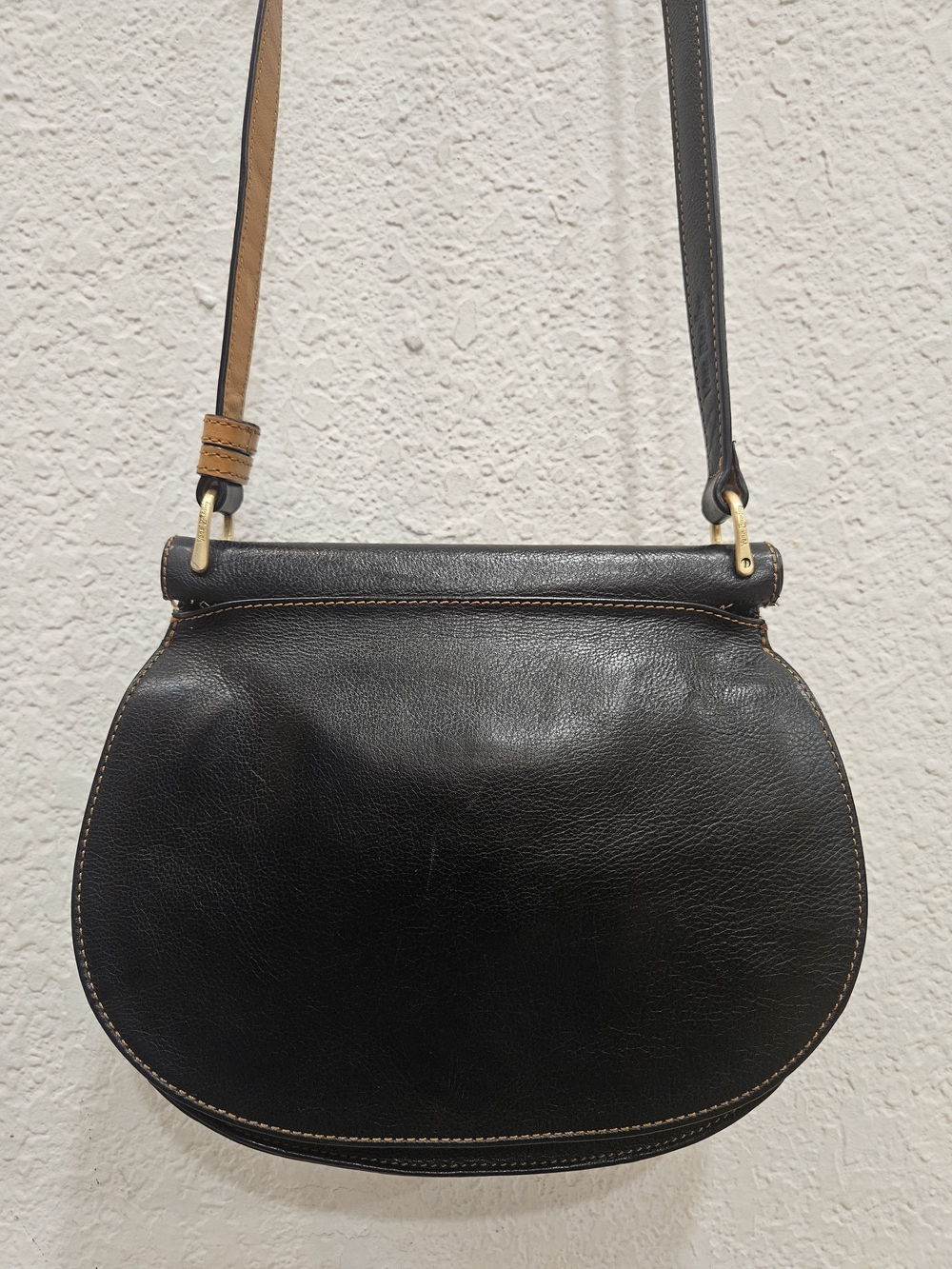 Vintage Vera Bradley Black Leather Side Saddle Crossbody Bag Flap Purse